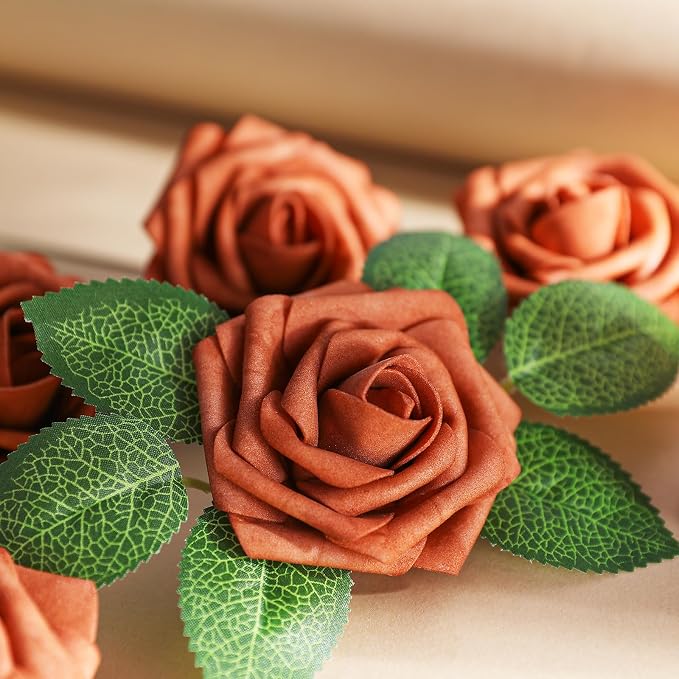 AmyHomie Burnt Orange Rose 25pcs Real Looking Artificial Flowers w/Stem | - Image 7