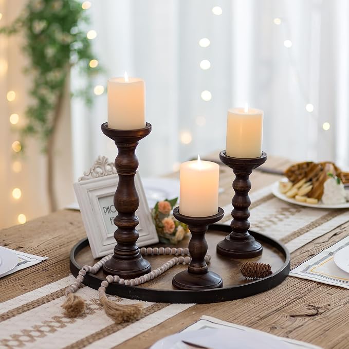 Romadedi Wood Pillar Candle Holders, Dark Brown Solid Wood, Dining Tables - Image 6