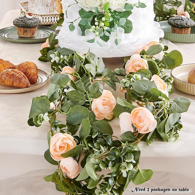 Artificial Flower Garland 2pcs 5.4ft Rose Vine Decor, Champagne Flower | - Image 3
