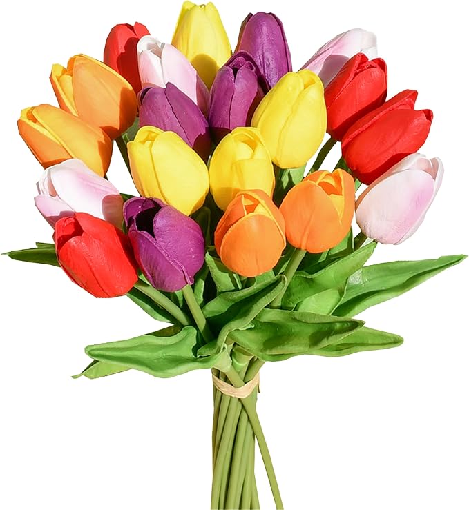 Mandy's 20pcs Artificial Multicolor Tulips | 13.5 Inch Lifelike PU Tulips Faux by Mandys