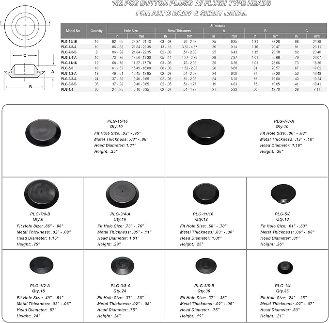 182pcs Auto Body Black Plastic Hole Plug Button and Flush Mount Sheet Metal - Image 2