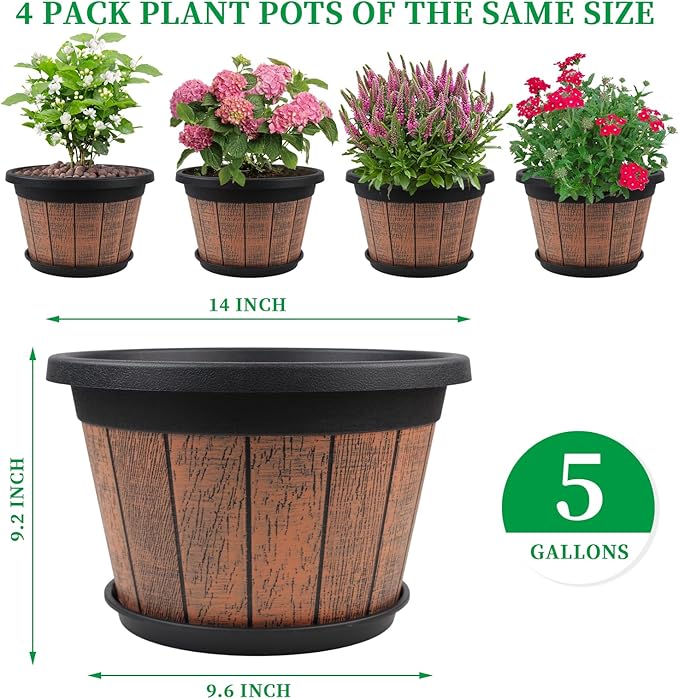 4 Pack 14 inch Plant Pots, Whiskey Barrel Planters - Image 3