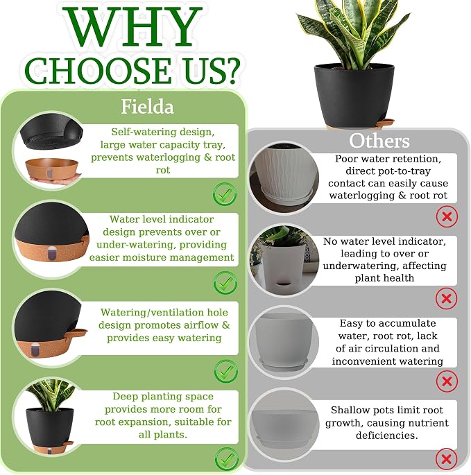Self Watering Pots for Inoor Ourdoor Plants 10/9/8/7/6.5" Plastic Planters | - Image 9