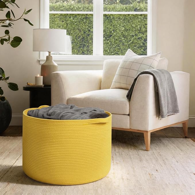 Extra Large 115L Yellow Basket, 23.6" x15.7 Cotton Rope Yellow Decor - Image 4