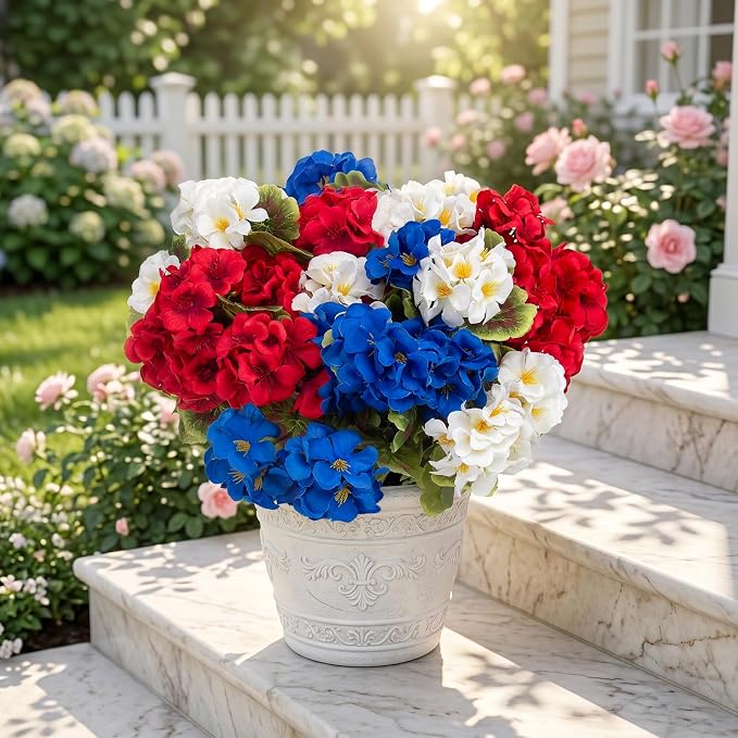 lovemoon 16 Pcs Artificial Geraniums Realistic Silk Patriotic Flowers - Image 5