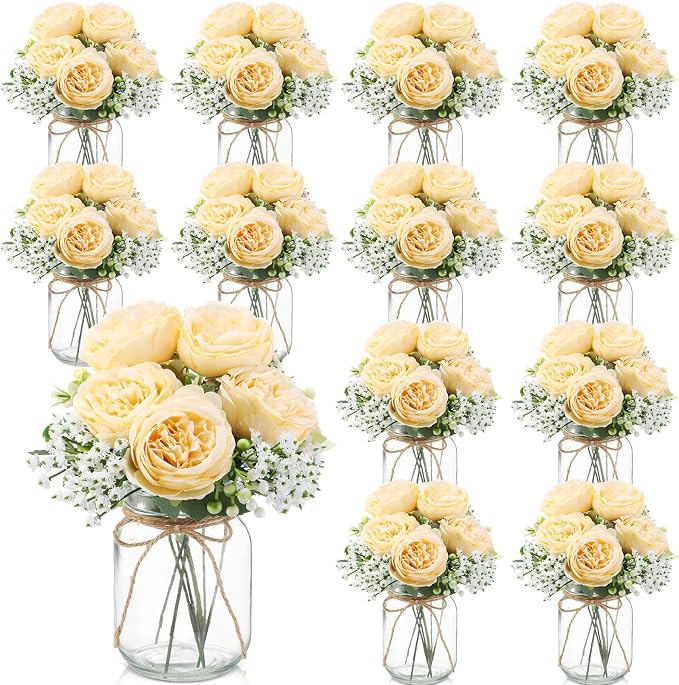 12 Sets Mason Jar Flowers Centerpiece Table Decorations, Champagne | Faux by Zeyune