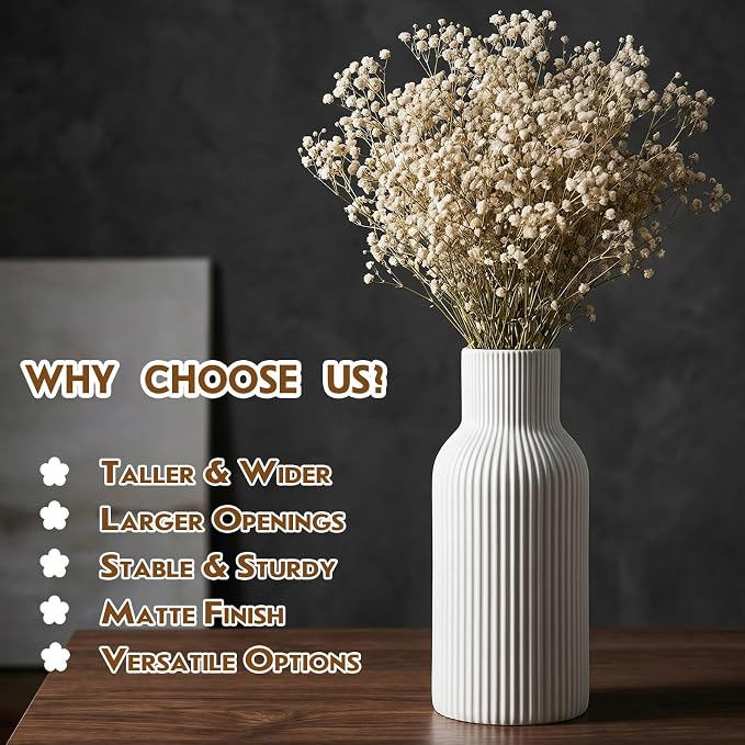 White Ceramic Vase, Modern Matte Ribbed Flower Vase - Image 5