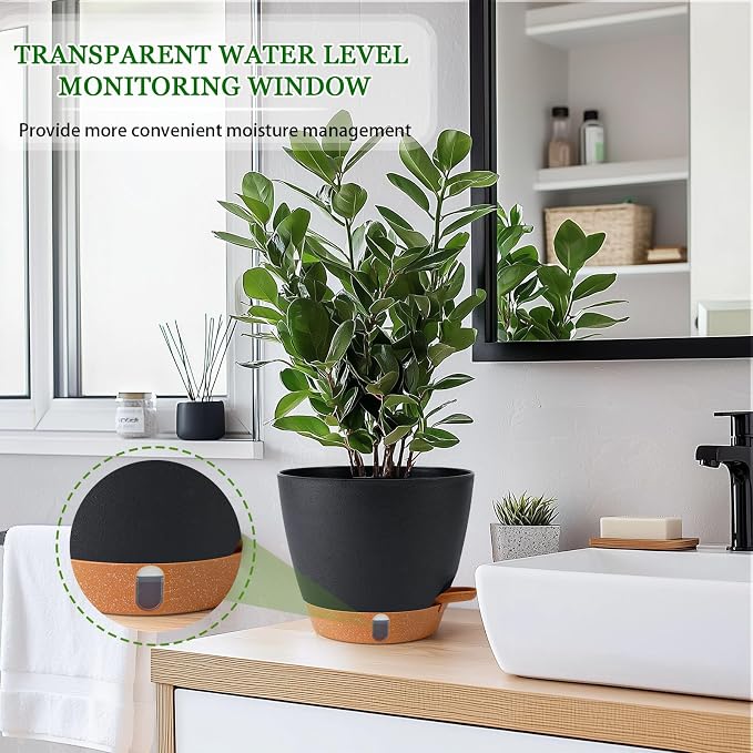 2 Pack 8 Inch Pots for Plants Indoor, Plastic Self Watering Planters | Drainage - Image 5