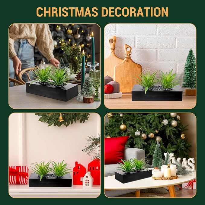 MyGift 10 Inch Fake Green Grass Plant in Rectangular Black Wood Planter | Faux - Image 7
