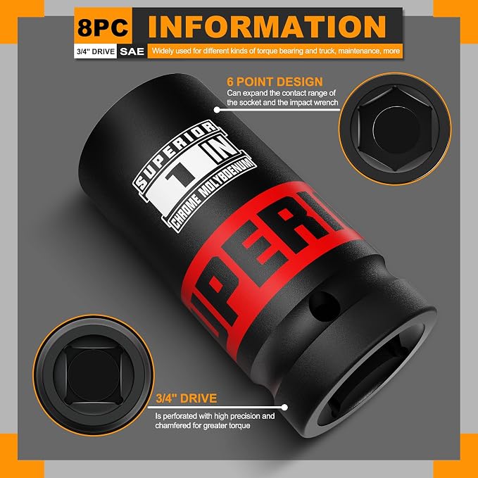 8 Piece 3/4" Drive Impact Socket Set, Heavy Duty CR-MO, Large Automotive Repairs - Image 3