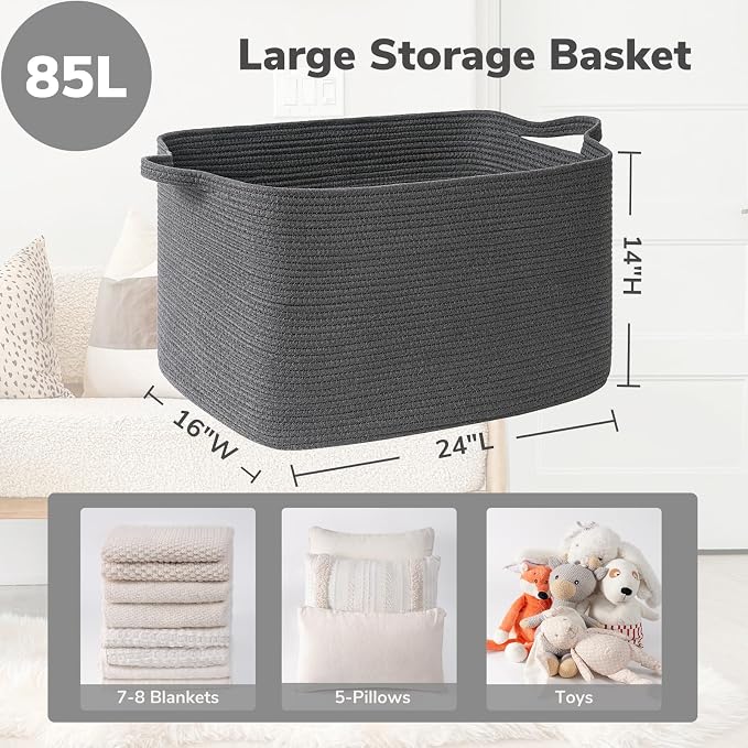 Goodpick 85L Large Woven Rope Blanket Basket, Dark Gray | 23.6'' x 15.7'' x - Image 3