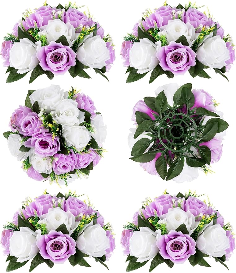 BLOSMON Purple Flowers Ball for Centerpieces: 6 Pcs Fake Lilac White Roses by Blosmon