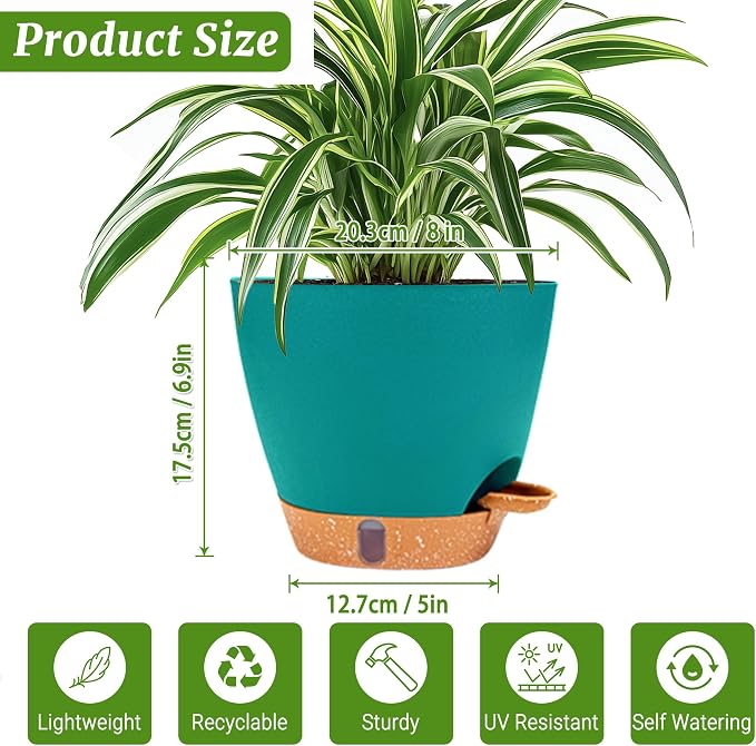 2 Pack 8 inch Plant Pots, Plastic Self Watering Planters | Drainage Holes - Image 3
