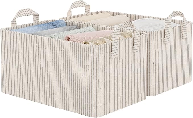 StorageWorks Fabric Storage Bins, Khaki and Beige Stripes, Sturdy Metal Frame by StorageWorks