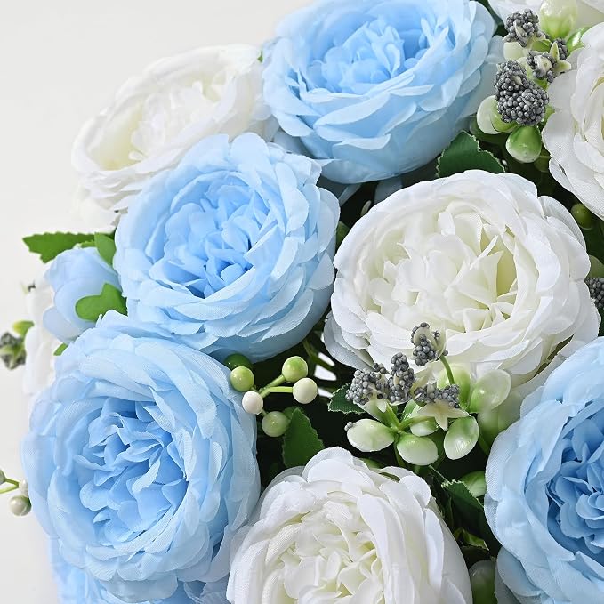 4 Packs Peonies Artificial Flowers Mixed White Blue Silk Artificial Peonies | - Image 3