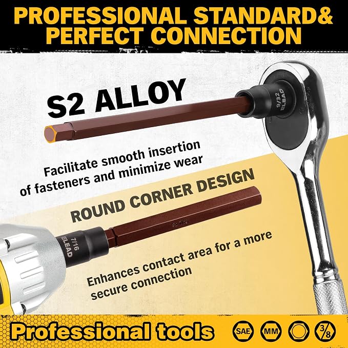 Extra-Long Allen Hex Bit Socket Set: 20-Piece 3/8 Inch Drive, 150mm S2 Steel - Image 6