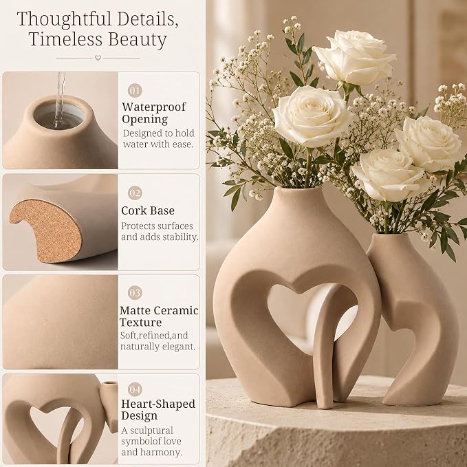 Ceramic Flower Vases Home Decor Heart Shaped Vase Set of 2 | Nordic Heart - Image 7