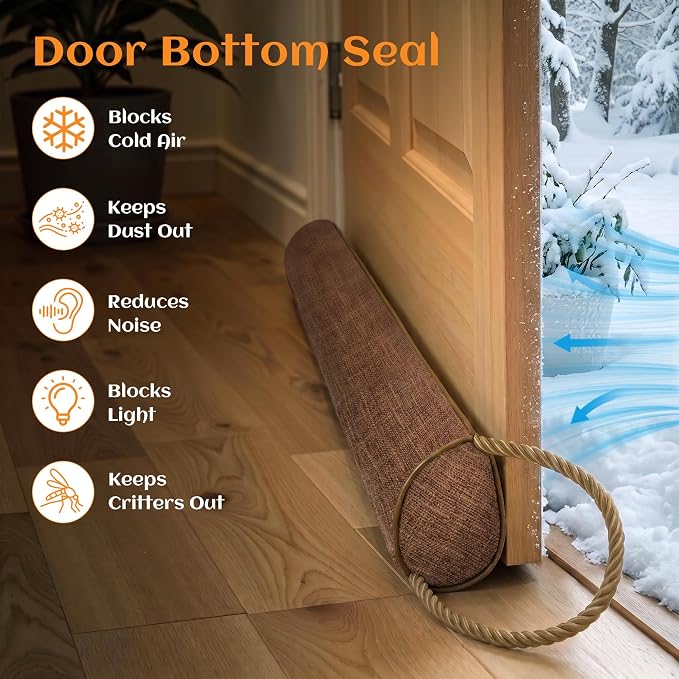 Door Draft Stopper for Bottom of Doors, 36 Inch Brown Faux Linen, Weather - Image 3