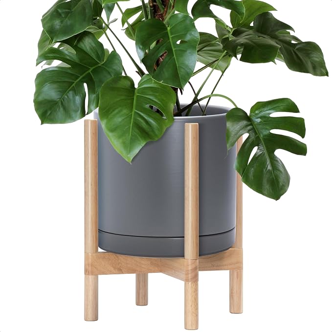 D'vine Dev Ceramic Pot with Natural Wood Stand, 12 in, 55-B-J-3 | Mid-Century by DvineDevPlanterPotsandStand