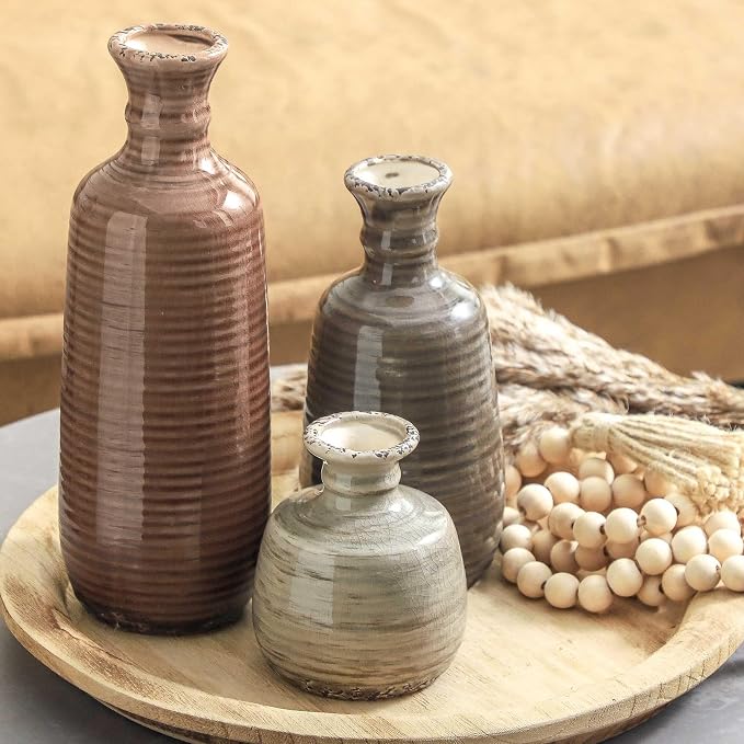 Ceramic Vases Set of 3, Neutral Rustic Farmhouse Vases Home Decor Decorative - Image 7