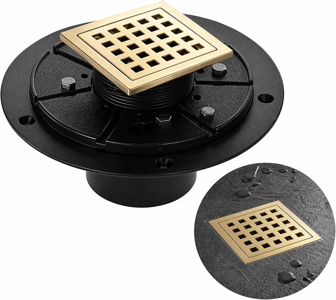 4" Brushed Gold Shower Drain, Square Shower Floor Drain by LIVIGLOW