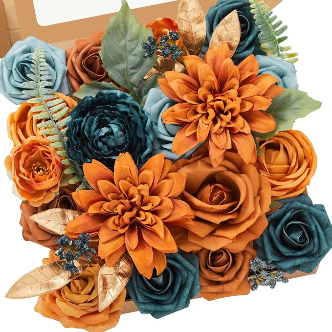 Alecono Orange and Teal Artificial Flowers, Silk Fake Floral Set | by AleconoBetterYourLife