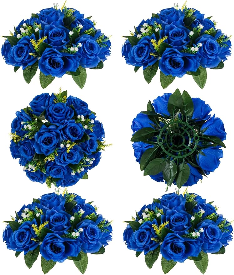 BLOSMON Royal Blue Artificial Flowers: 6 Pcs Fake Roses Flower Ball Centerpieces by Blosmon