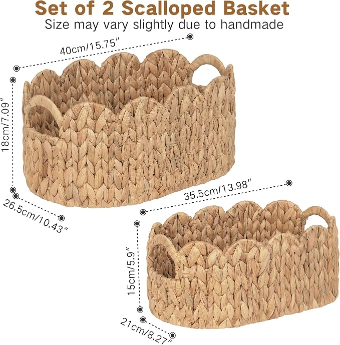 iEGrow Scalloped Wicker Basket, Water Hyacinth Storage Oval Cute Baby Baskets - Image 3