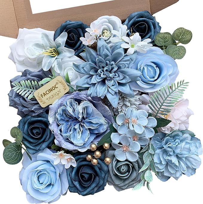 FACINOC Roses Artificial Flowers Blue Bouquet Fake Flower Bulk by FACINOC