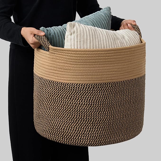 Blanket Basket for Living Room, Woven Rope Storage Basket | 16"D x 14"H | Jute - Image 3