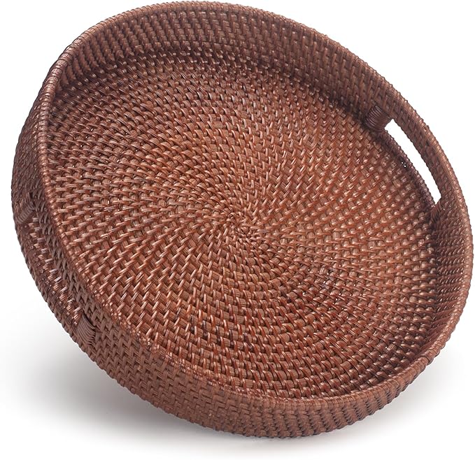 13.8 inch Round Rattan Tray, Decorative Coffee Table Tray, Ottoman Trays by YANGQIHOME