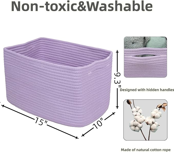 XUANGUO Woven Cotton Rope Storage Baskets 15x10x9.3" 3 Pack Purple Lavender | - Image 2