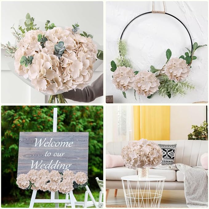 AVIVIHO 10pcs Beige Hydrangea Artificial Flowers Bulk Fake Flowers Hydrangea - Image 3
