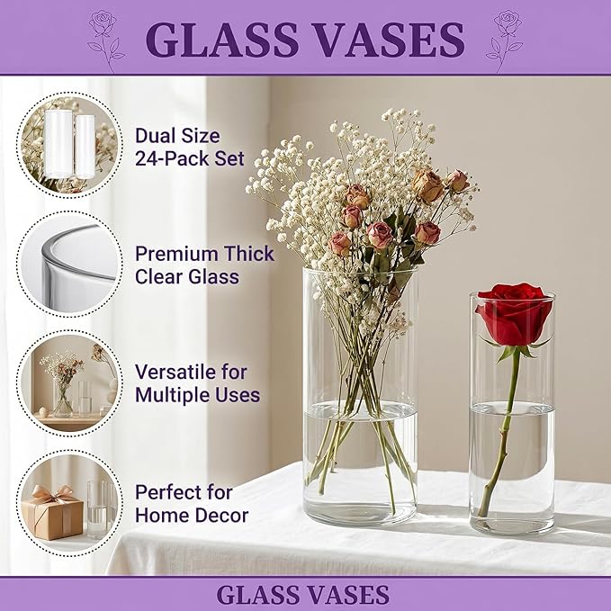 24 Pack Clear Glass Cylinder Vases, Flower Vases | Floating Candle Holder - Image 3