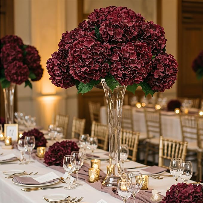 Auihiay 204Pcs Burgundy Hydrangea Artificial Flowers Bulk, Silk Hydrangeas | - Image 6