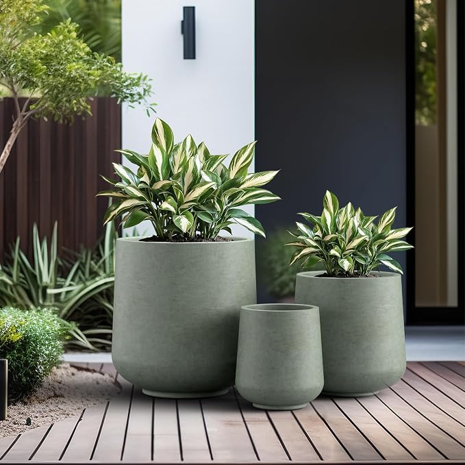 Kante Set of 3 Mint Green Concrete Curved Planters 16.5" 13" 9.4" Dia | Drainage - Image 4