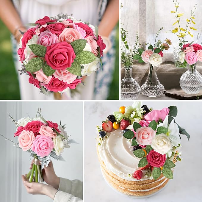 AmyHomie Seriesa Red Rose 100pcs Real Looking Artificial Flowers w/Stem | - Image 5