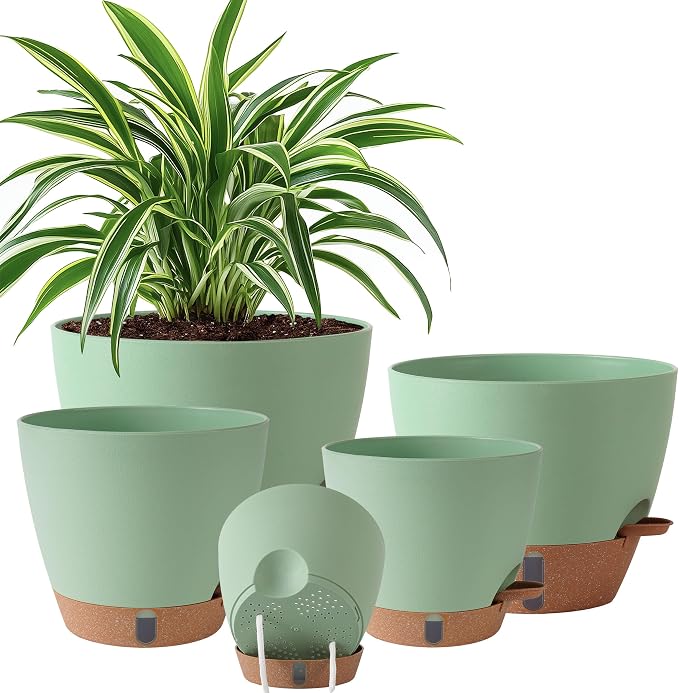 Self Watering Pots for Inoor Ourdoor Plants 10/9/8/7/6.5 Inch, 5 Pack | Plastic by Fielda