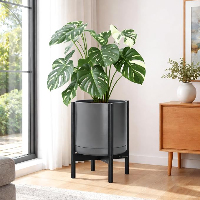 D'vine Dev Ceramic Pot with Ebony Wood Stand, 14 in, 55-B-S-3 | Mid-Century - Image 2
