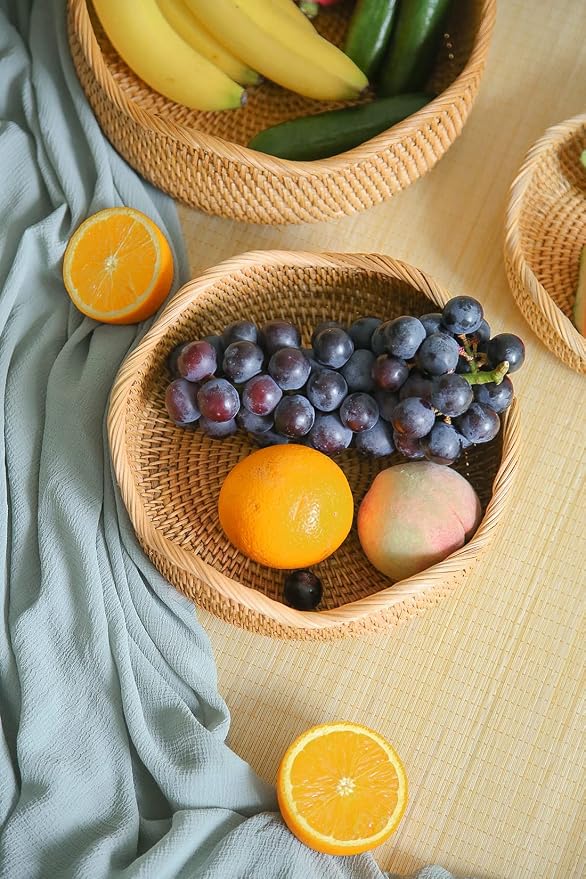 HITOMEN Handmade Rattan Bread Baskets Round Wicker Fruit Serving Storage Bowls - Image 2