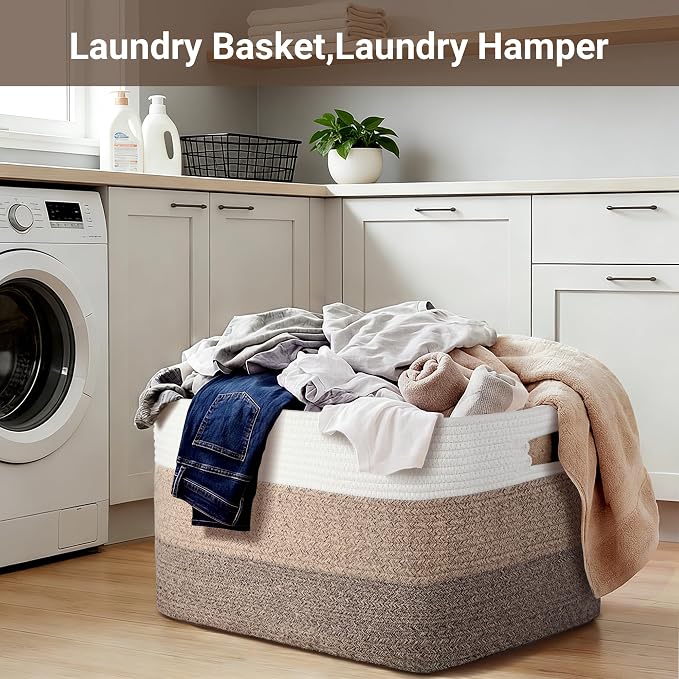 75L Laundry Basket Hamper, Gradient Brown/White, Rectangle Woven Storage Basket - Image 6