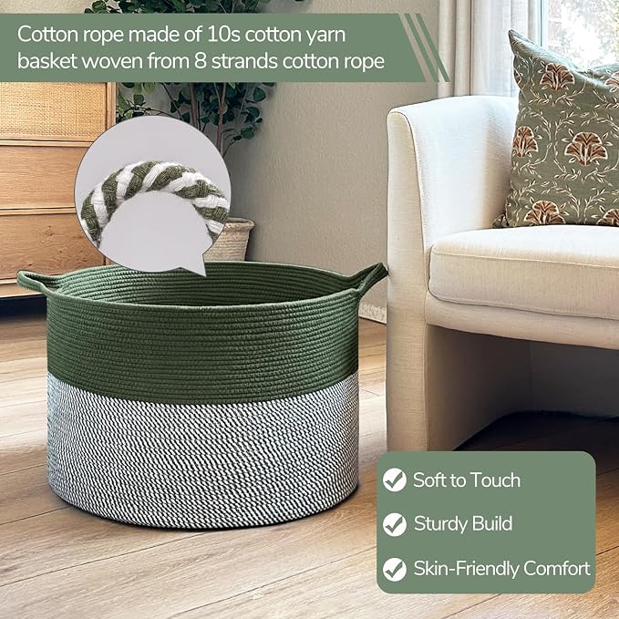 INDRESSME XXXLarge Woven Rope Blanket Basket Living Room Green, 90L | 21.7" x - Image 2