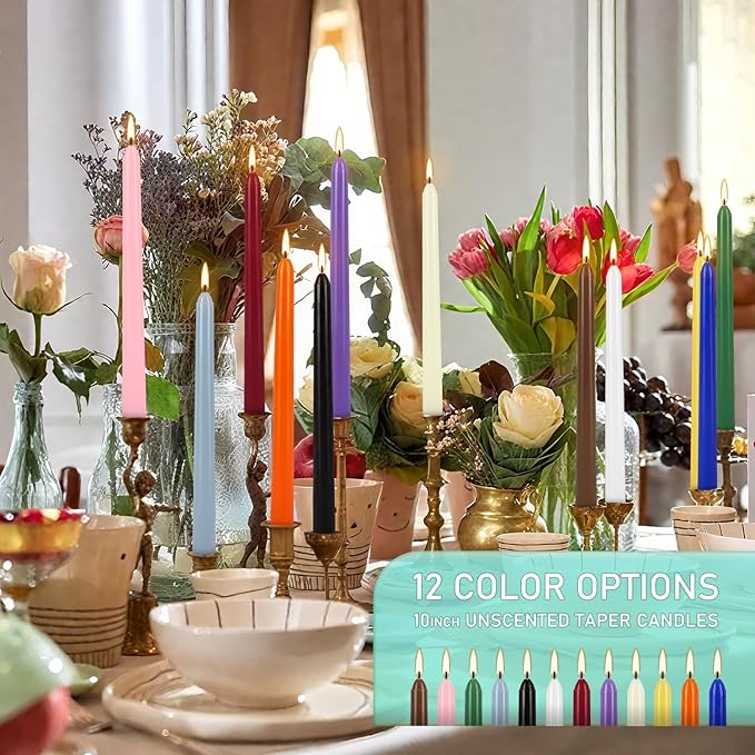 Howemon 24 Pack 10" Tall Colored Taper Candles, Dripless Unscented Colorful - Image 5