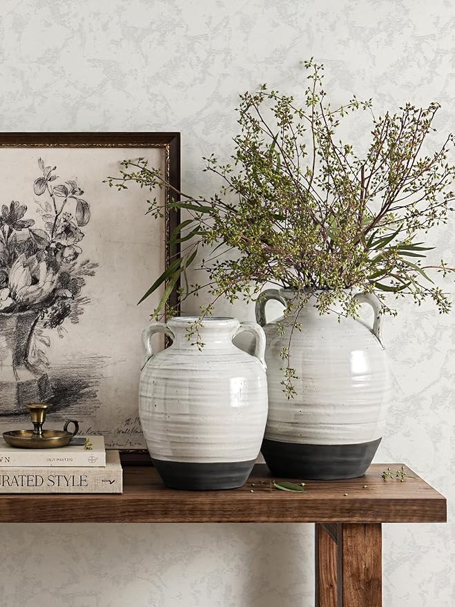 White Ceramic Vase with 2 Handles, 9.5 Inch, Farmhouse Rustic, Aurora White | - Image 6