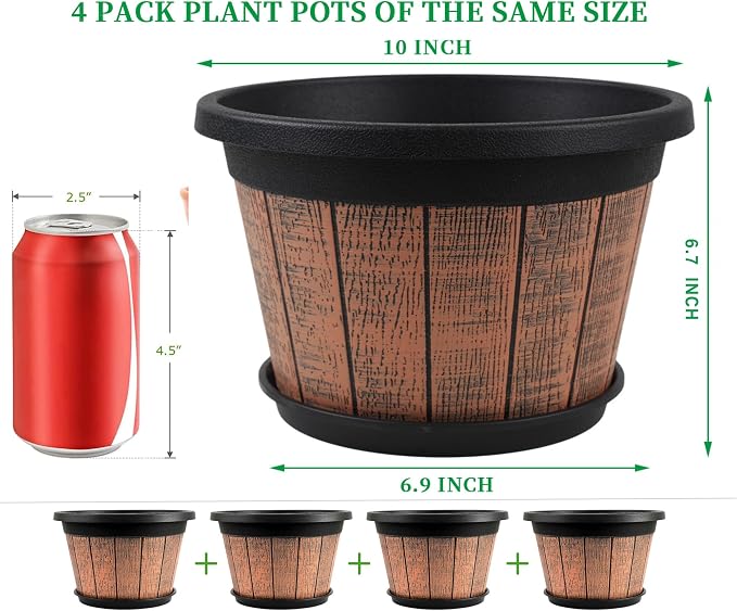 Quarut 4 Pack 10 inch Plant Pots, Whiskey Barrel Planters - Image 2