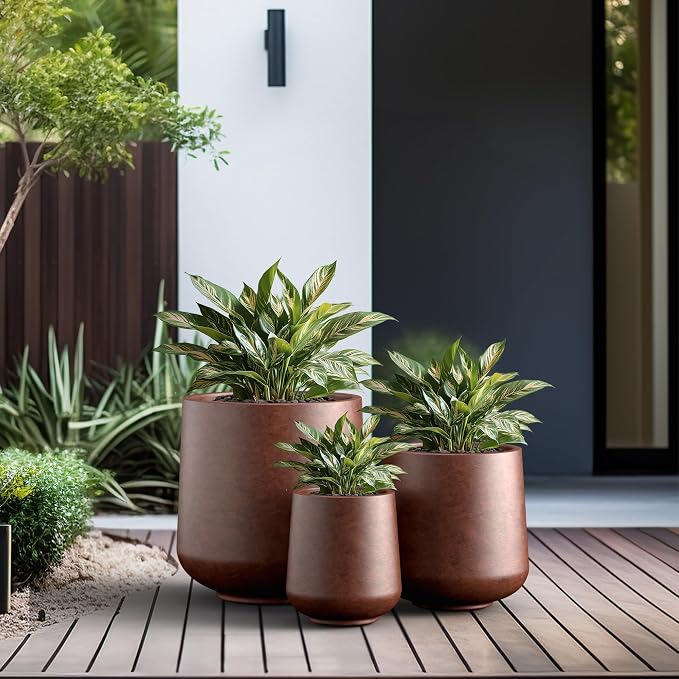 Kante Set of 3 Rusty Concrete Curved Planters 16.5" 13" 9.4" Dia | Drainage - Image 6