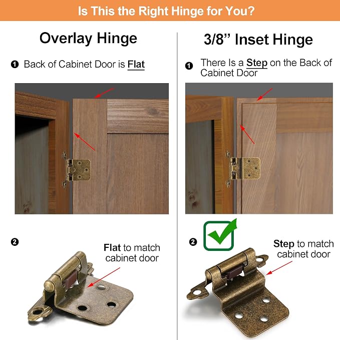 Antique Brass Cabinet Hinges, 3/8” Inset, 4 Pack | - Image 4