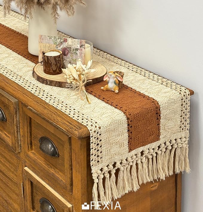 Boho Table Runner for Home Decor 12x72 Fall Coffee Table Decor Caramel | 72 - Image 5