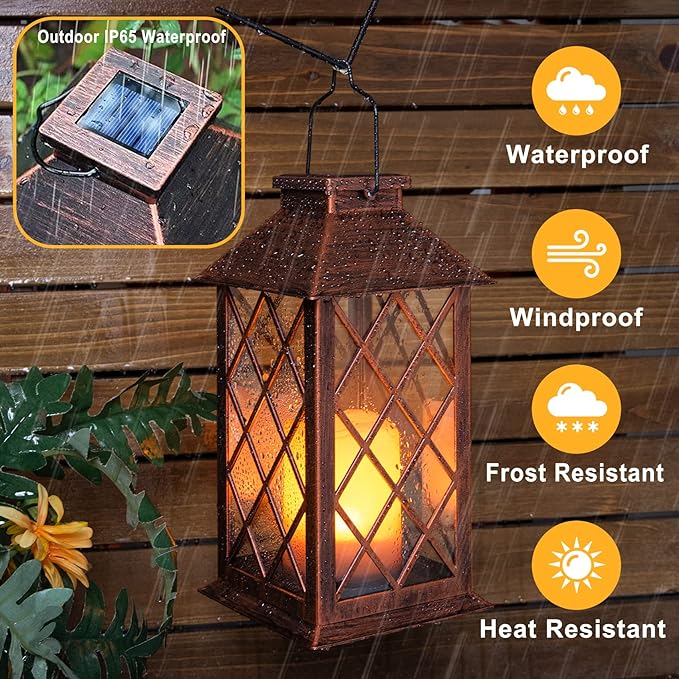 14" Solar Lanterns Outdoor Garden Lantern Waterproof LED Flickering Flameless - Image 5