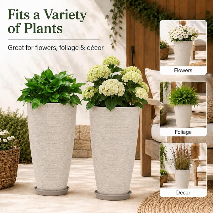 Neoaider Set of 2 Tall Planter, 21 inch Large Plastic Planter, Oat Color | - Image 7